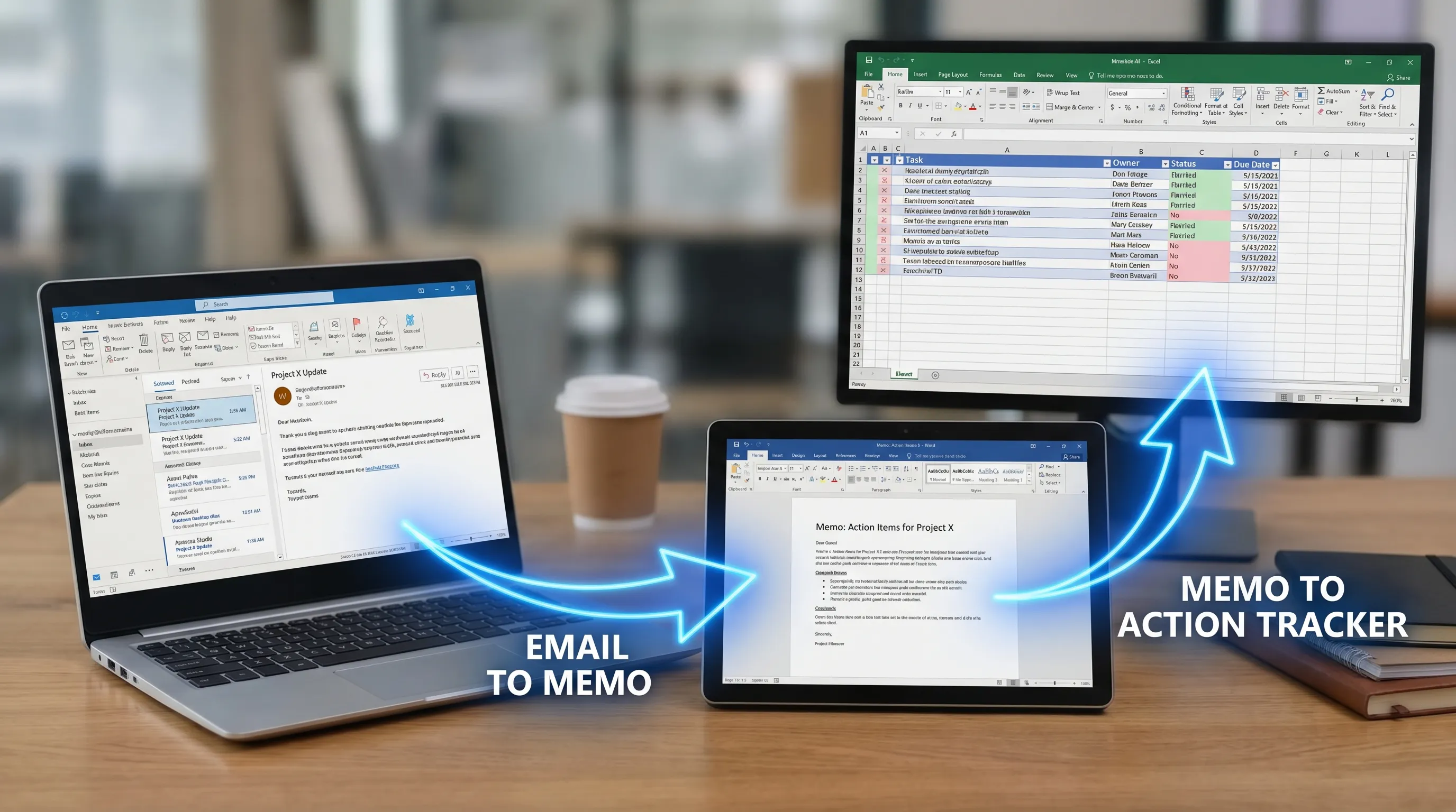 A visual of a workflow connecting Outlook email threads to a Word memo and then to an Excel action tracker, with simple labeled arrows between the three apps.