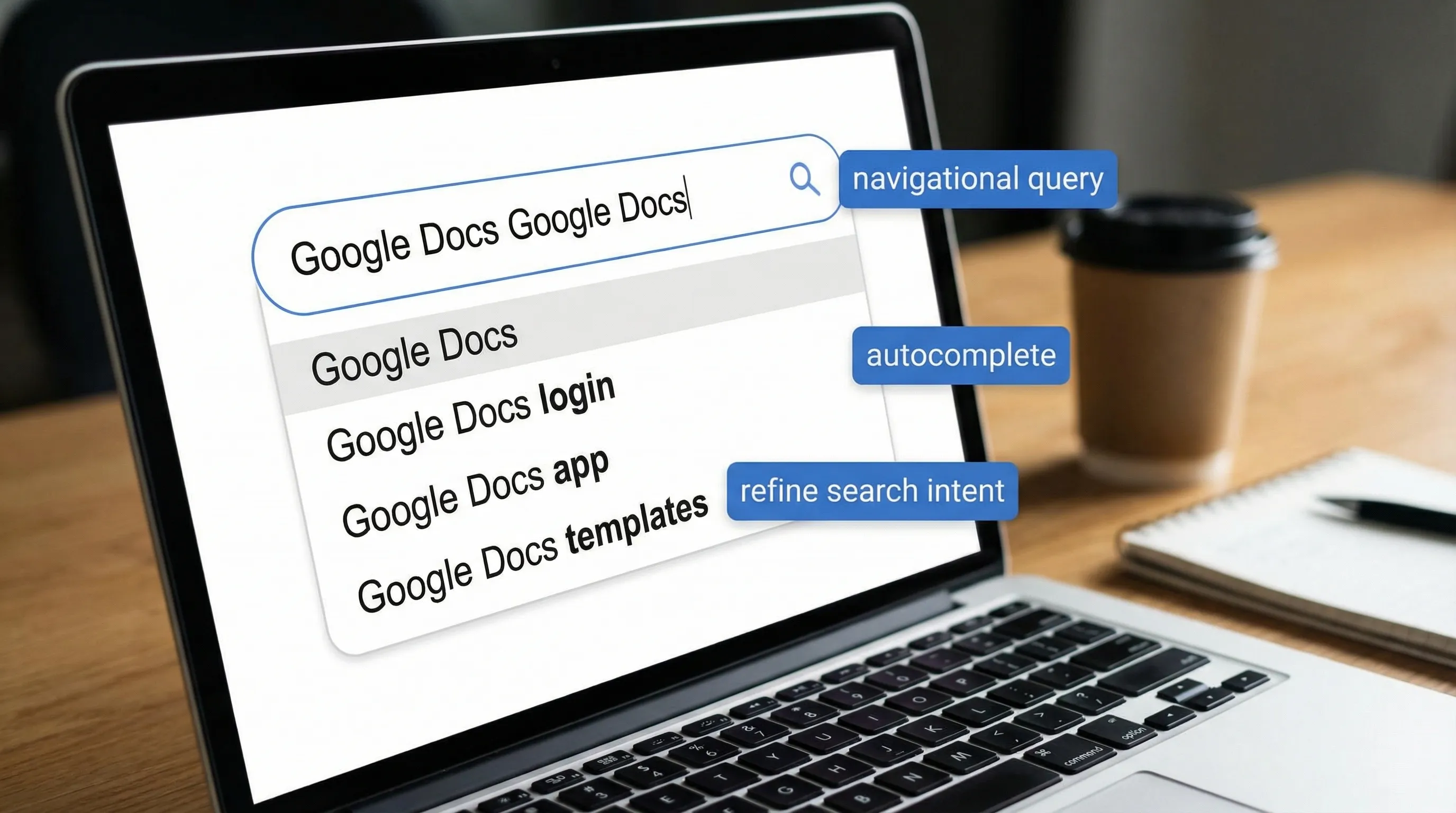 A close-up of a search bar showing the query “Google Docs Google Docs” with autocomplete suggestions beneath it, alongside small labels like “navigational query,” “autocomplete,” and “refine search intent.”