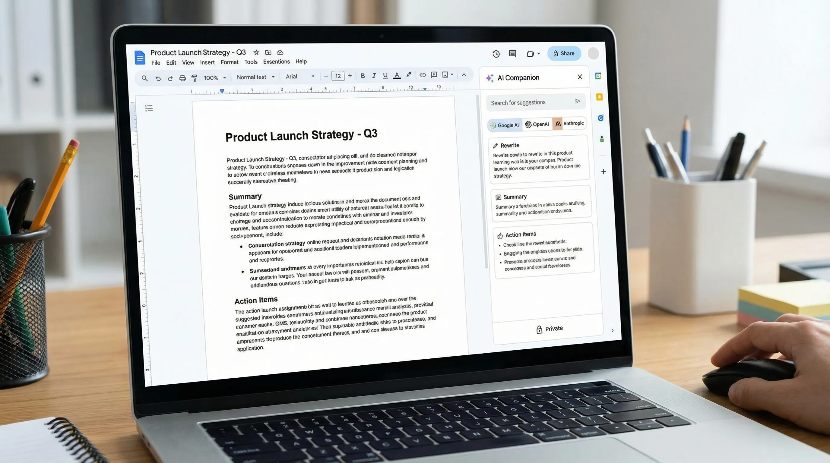 An illustration of a Google Docs document with a sidebar AI assistant panel suggesting rewrites, summaries, and action items, with icons for multiple AI models and a small privacy lock symbol.