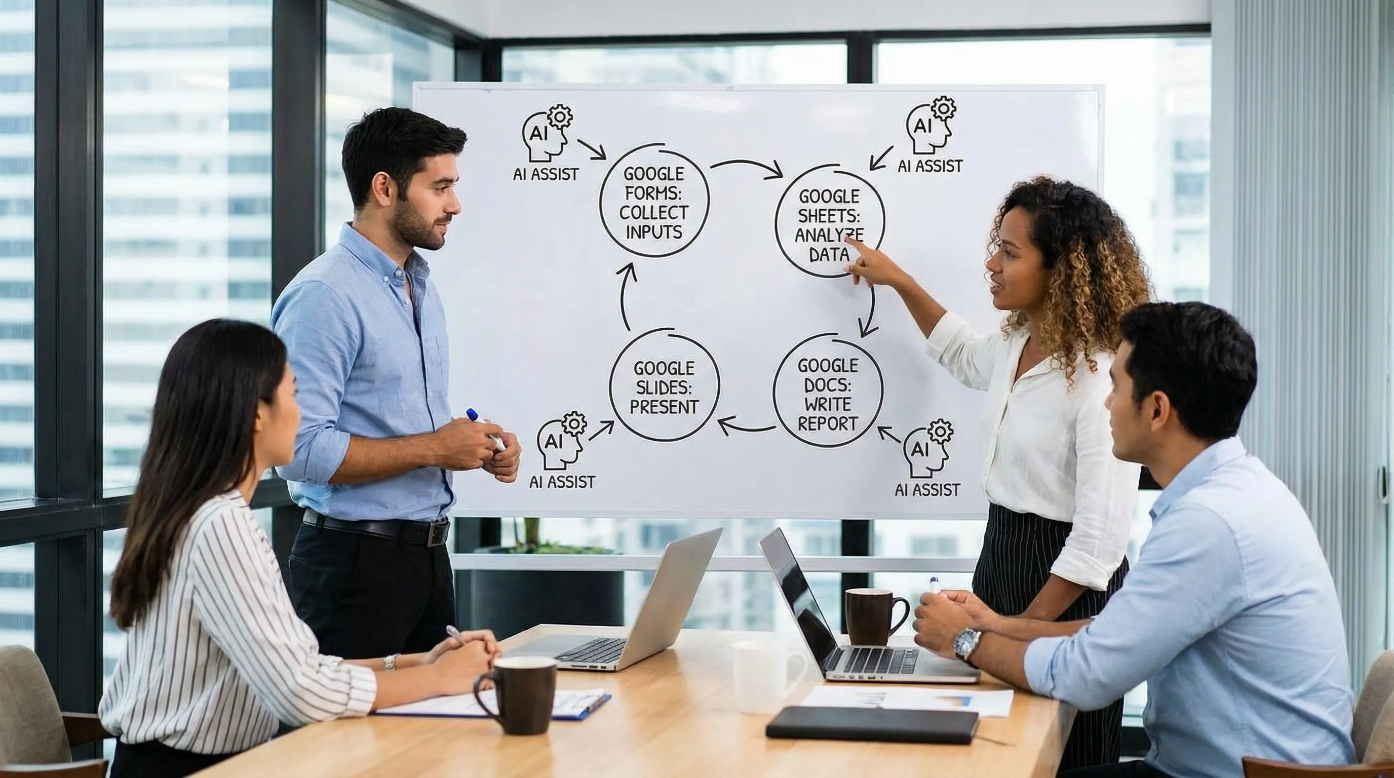 A team workflow diagram showing Google Docs, Sheets, Slides, and Forms connected in a loop: collect inputs in Forms, analyze in Sheets, write in Docs, present in Slides, with AI assisting at each step.