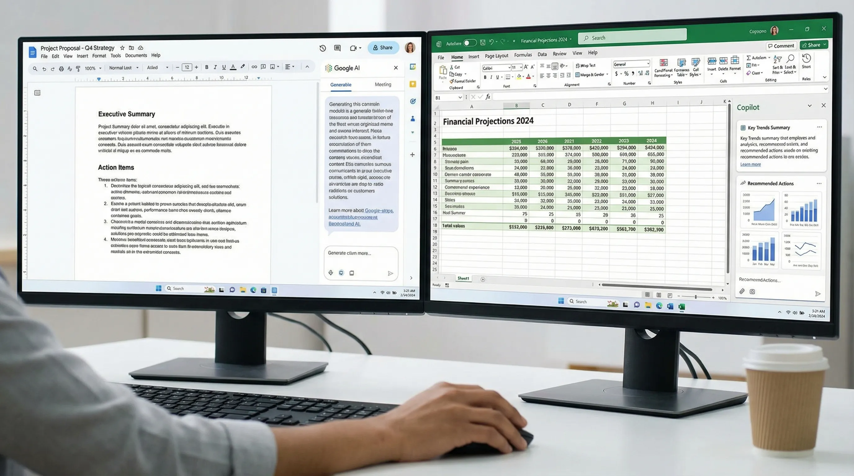 A split-screen illustration concept showing a Google Docs document and a Microsoft Excel spreadsheet side by side, both with an AI assistant panel generating summaries and structured action items.