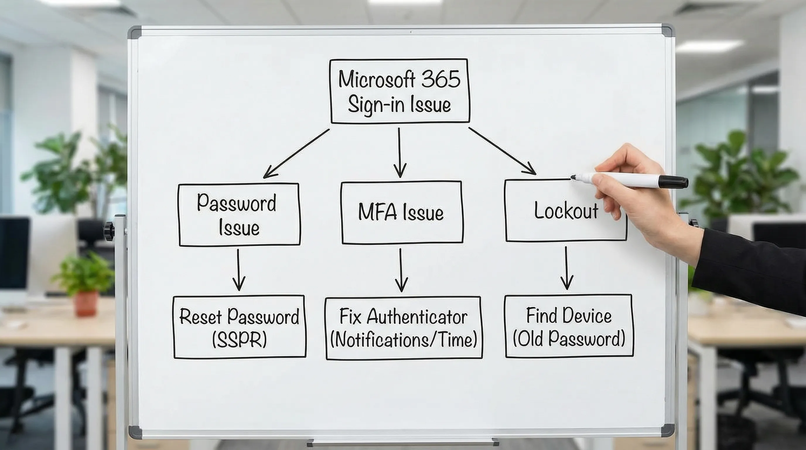 A simple troubleshooting flowchart for Microsoft 365 sign-in: start, choose "Password issue", "MFA issue", or "Lockout", then show the first best action for each branch (reset password via SSPR, fix Authenticator notifications/time, or find the device using an old password).