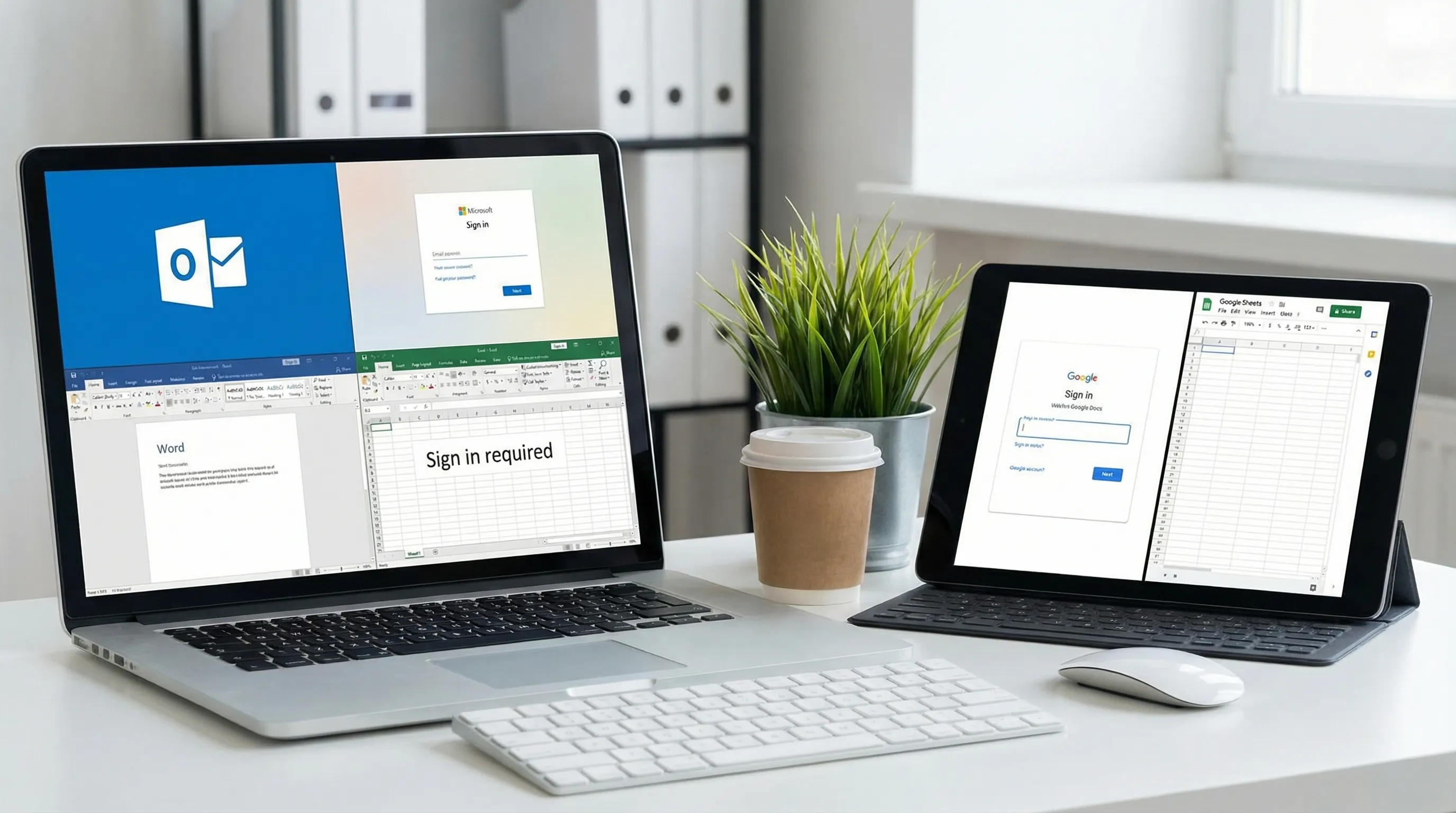 A workspace scene showing Microsoft Outlook, Word, and Excel alongside Google Docs and Google Sheets icons, representing cross-suite productivity and sign-in reliability. The screens should face the viewer and show generic sign-in and document layouts without real data.