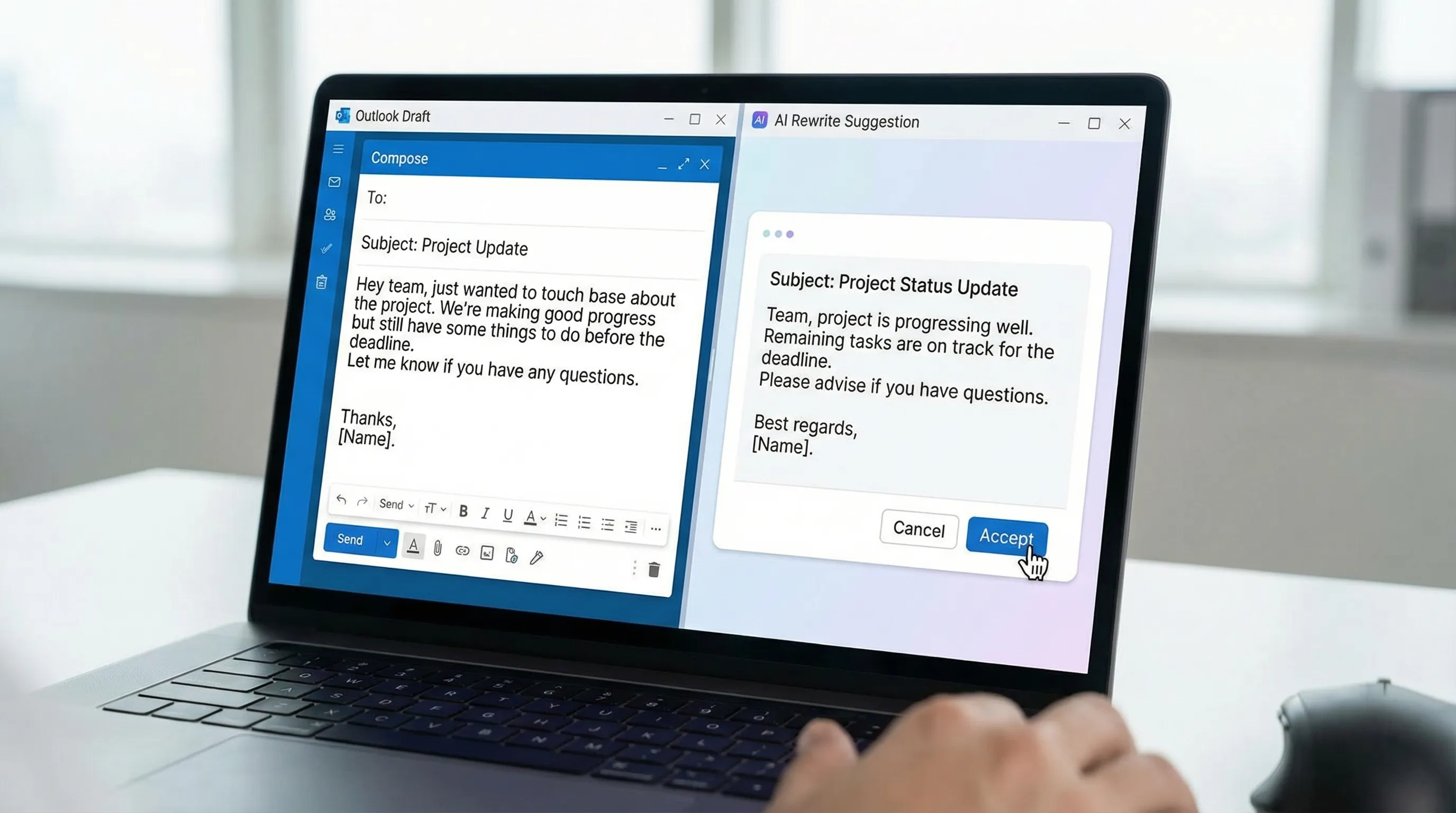 A split-screen illustration of an Outlook email draft on the left and an AI rewrite panel on the right, showing the same message rewritten in shorter, clearer language with a more professional tone.