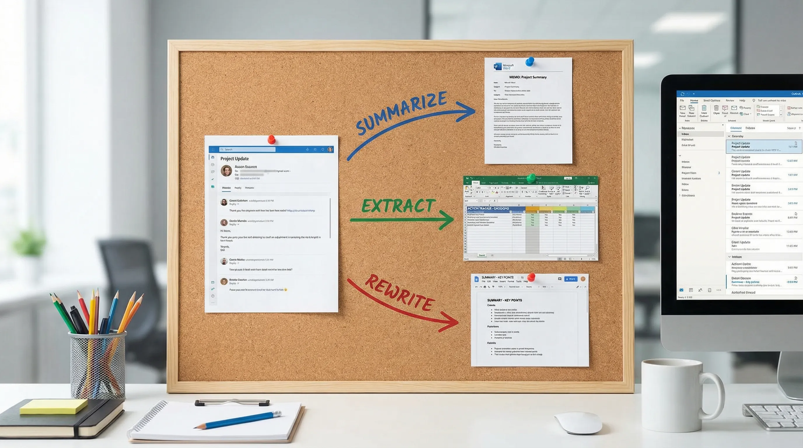 A simple workflow diagram showing an Outlook email thread flowing into three outputs: a Word memo, an Excel action tracker, and a Google Docs summary, with arrows labeled "summarize," "extract," and "rewrite."