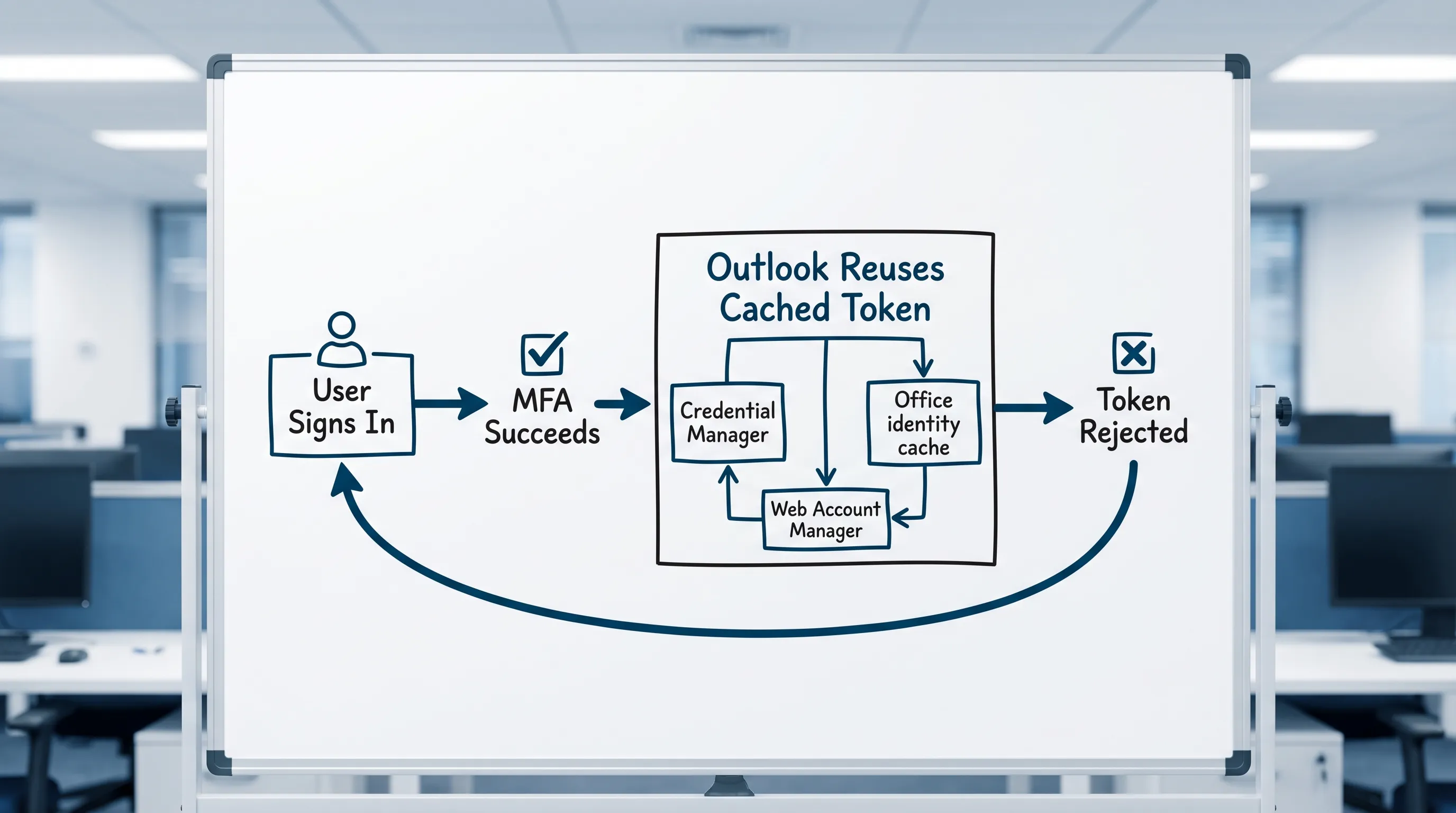 Simple flow diagram showing an Outlook sign-in loop: user signs in, MFA succeeds, Outlook reuses cached token, token rejected, returns to sign-in prompt. The diagram labels common cache locations like Credential Manager, Office identity cache, and Web Account Manager.