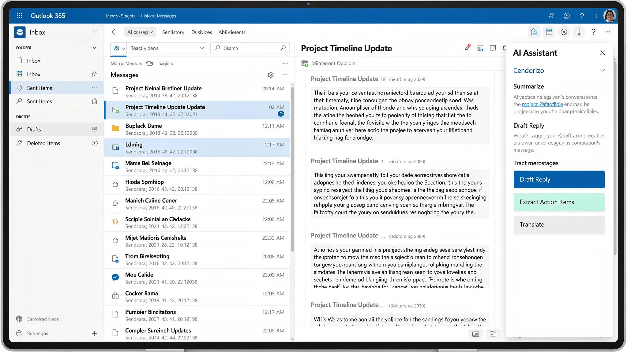 An Outlook 365 inbox view with an email thread open in the reading pane and an AI assistant add-in sidebar on the right showing options like Summarize, Draft Reply, Extract Action Items, and Translate.