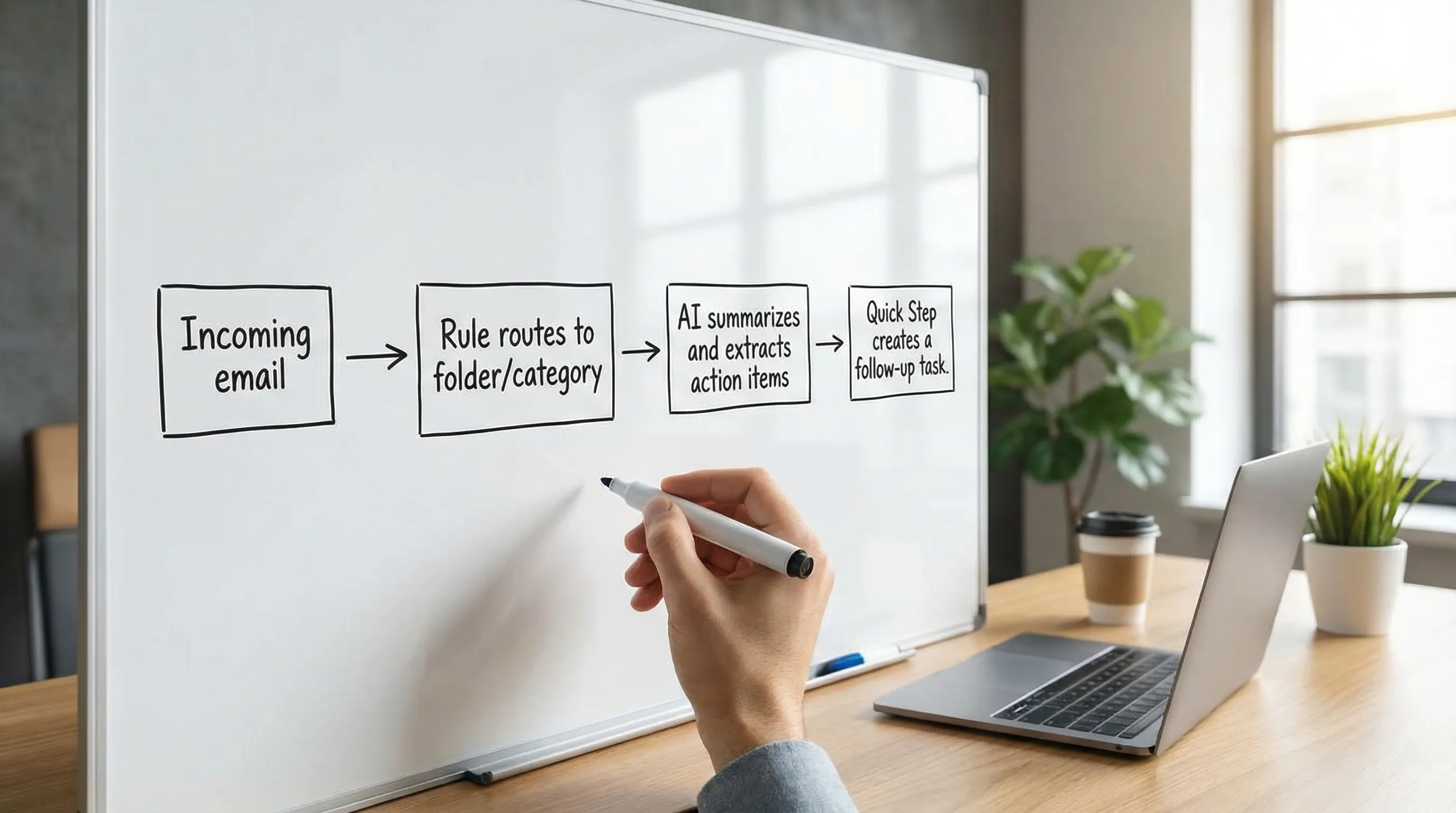 A simple flow diagram showing: Incoming email -> Rule routes to folder/category -> AI summarizes and extracts action items -> Quick Step creates a follow-up task.