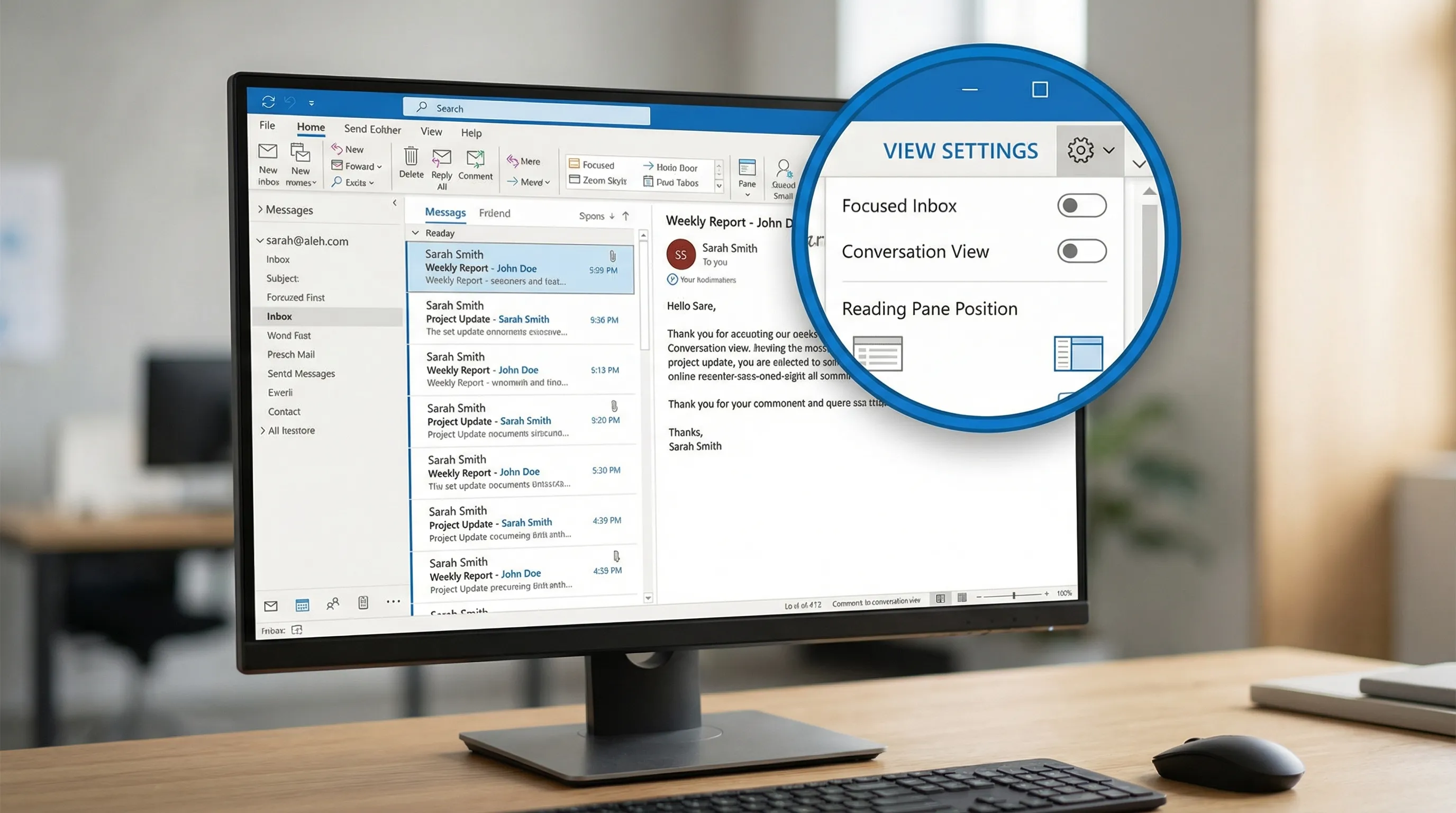 An Outlook desktop inbox layout with the message list on the left, reading pane on the right, and a small callout highlighting settings like Focused Inbox, Conversation view, and Reading Pane position.