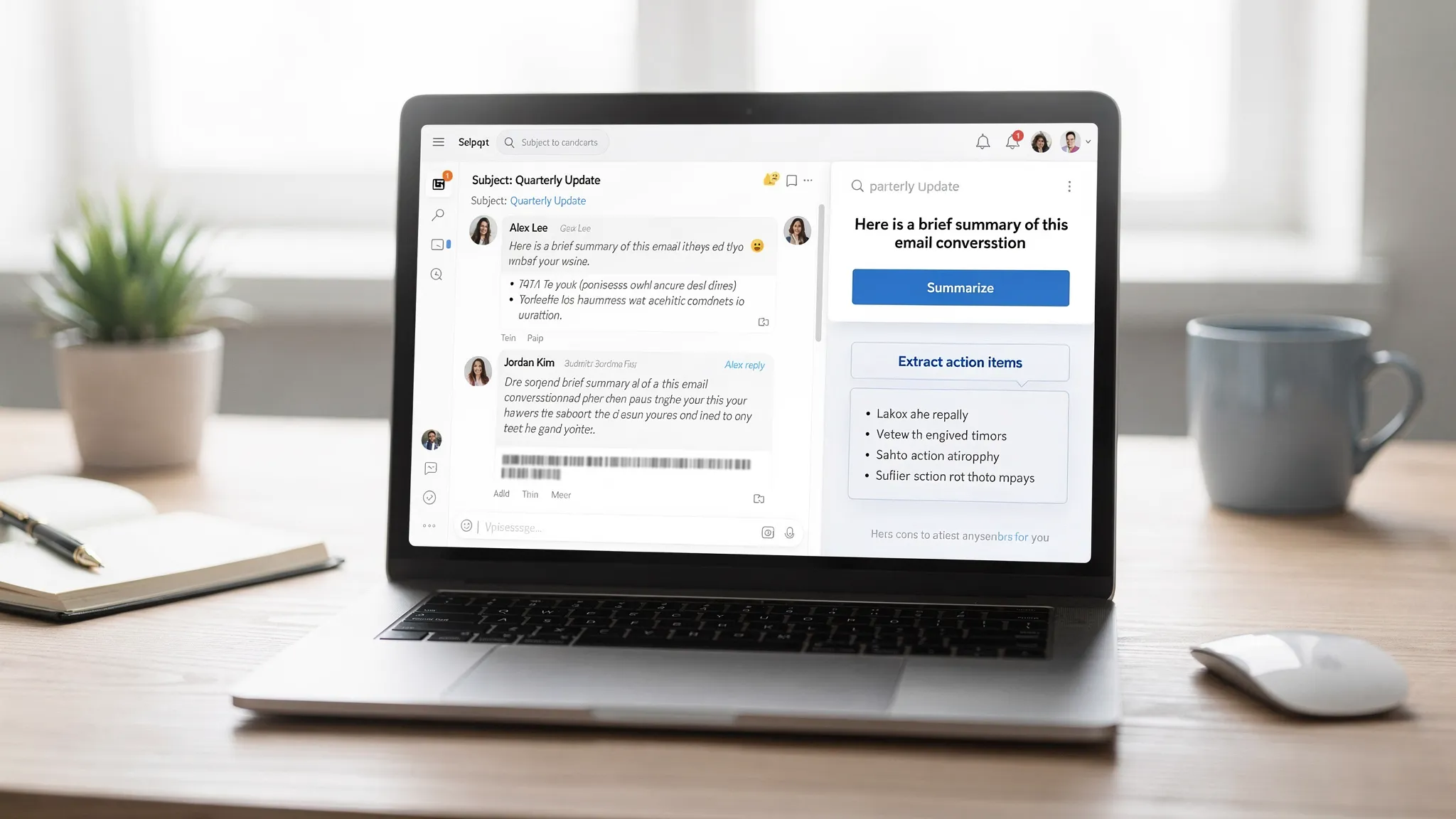 A professional workspace scene showing an email thread on a laptop with an AI assistant panel beside it, highlighting actions like summarize, draft reply, and extract action items, with the screen facing the viewer and no sensitive content visible.