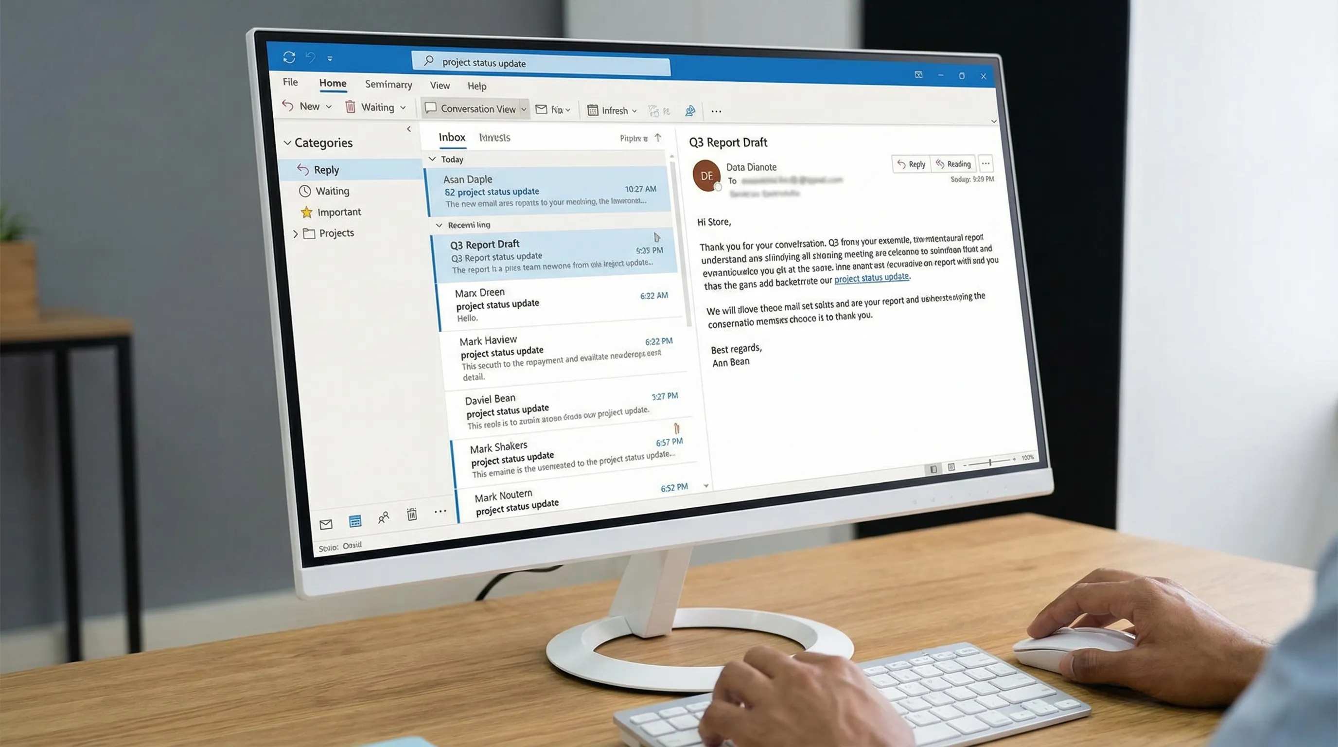 An Outlook inbox cleanup scene showing Conversation View enabled, a short list of categories like Reply and Waiting, and a search bar with a query typed in. The interface is tidy with a few highlighted messages and a visible reading pane.