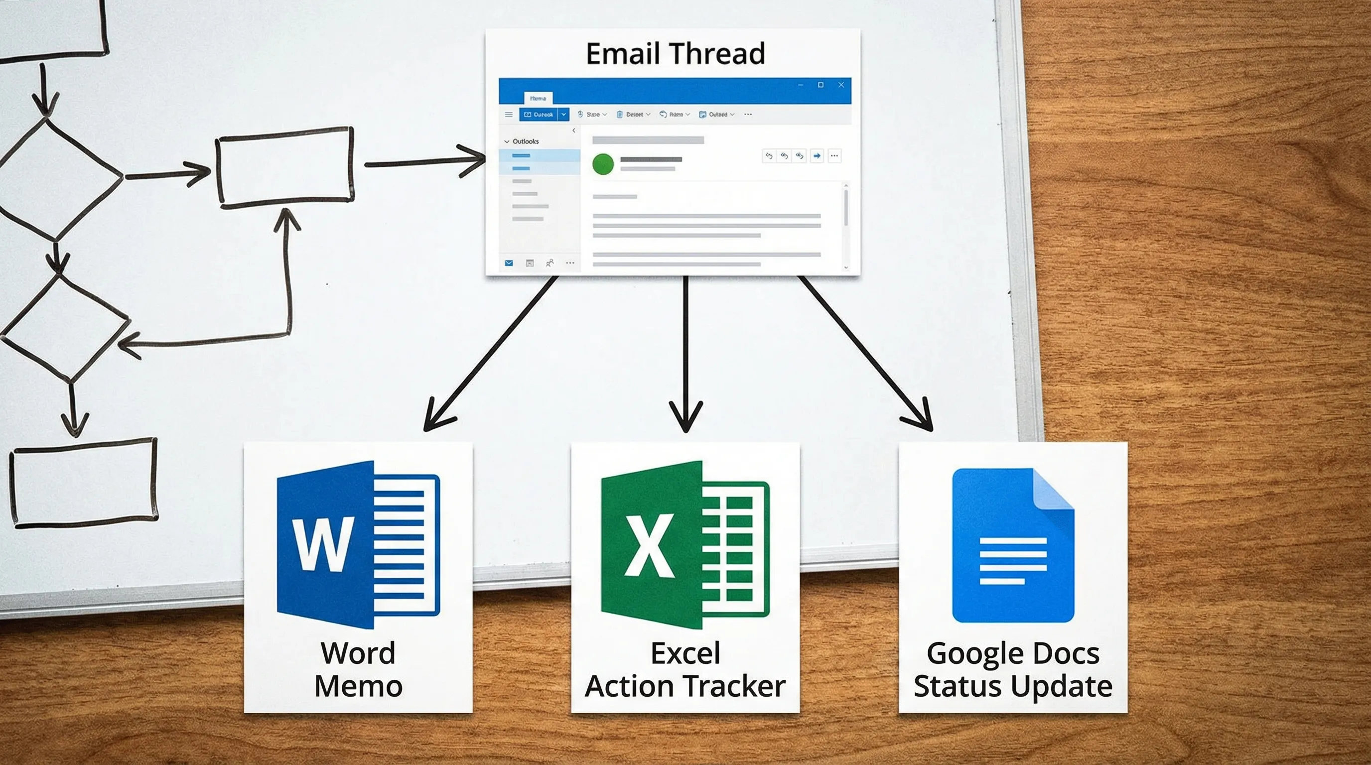 A simple workflow diagram showing an email thread in Outlook feeding into three outputs: a Word memo, an Excel action tracker, and a Google Docs status update, each represented by a document icon connected by arrows.