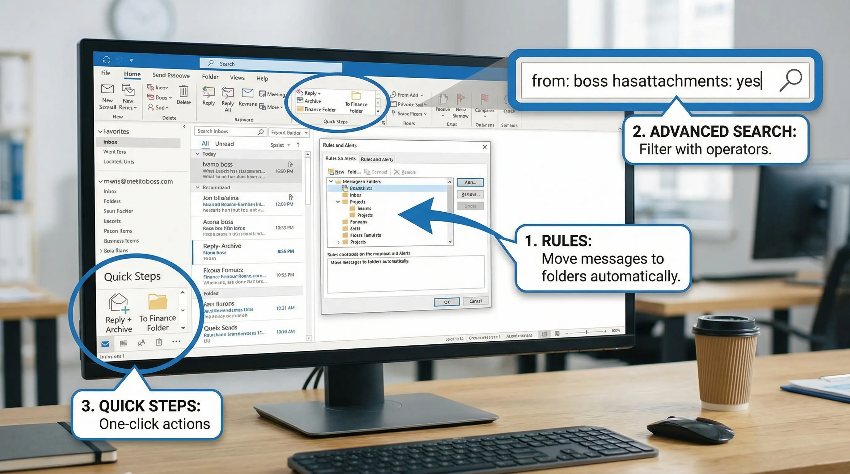 An illustration of Microsoft Outlook with three highlighted areas: a rules management panel moving messages into folders, a search bar showing advanced operators like from: and hasattachments:, and a Quick Steps section with one-click actions like "Reply + Archive" and "To Finance Folder."