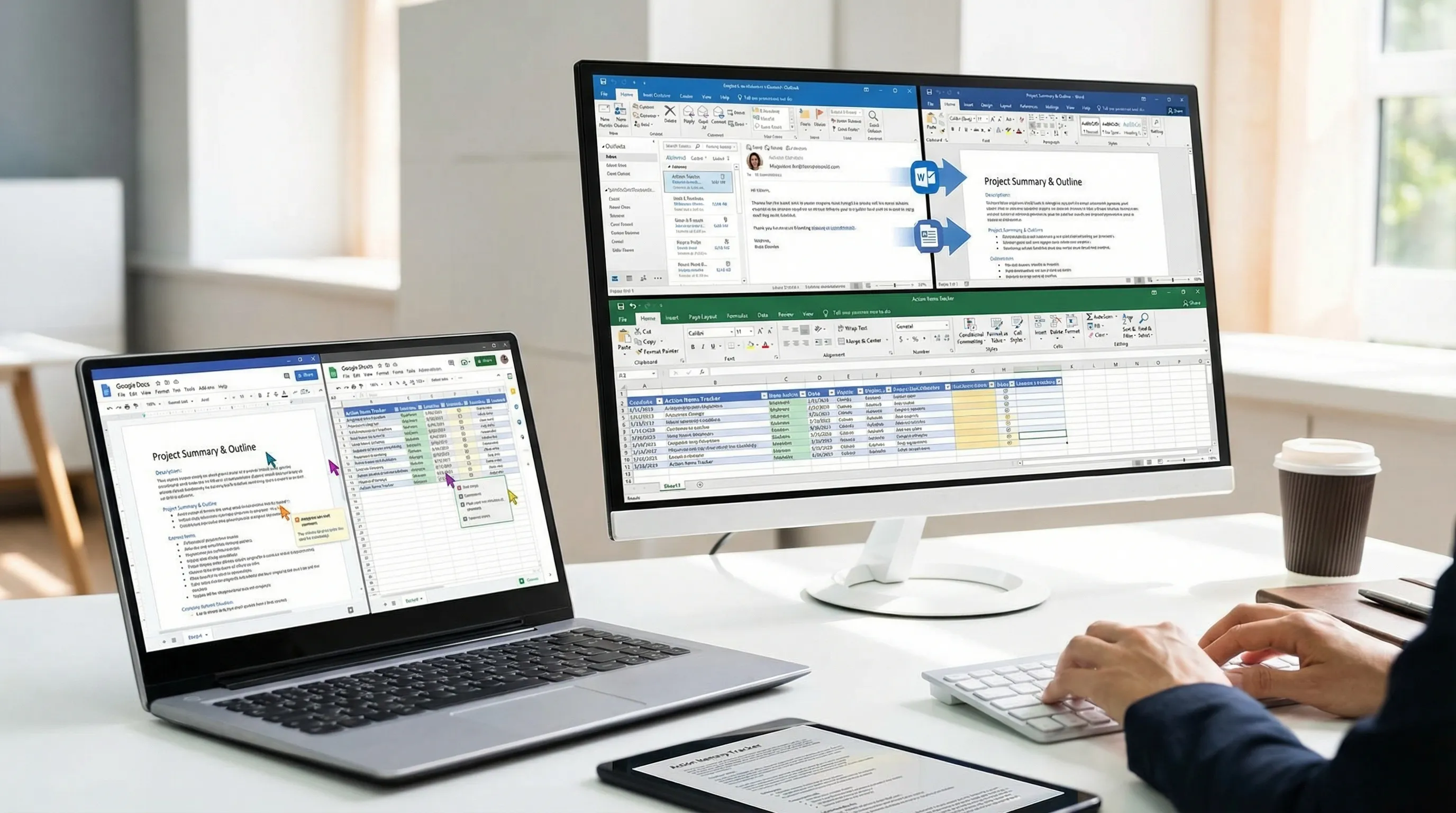 A cross-app workflow scene showing Outlook emails being summarized into a Word document outline, key items tracked in an Excel table, and a shared version mirrored in Google Docs and Google Sheets for collaboration.